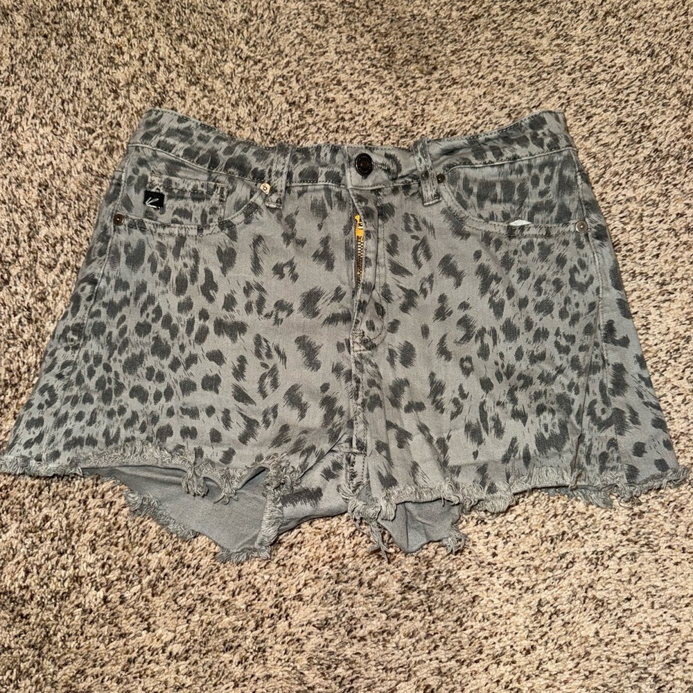 Kancan Grey Leopard Print Denim Shorts